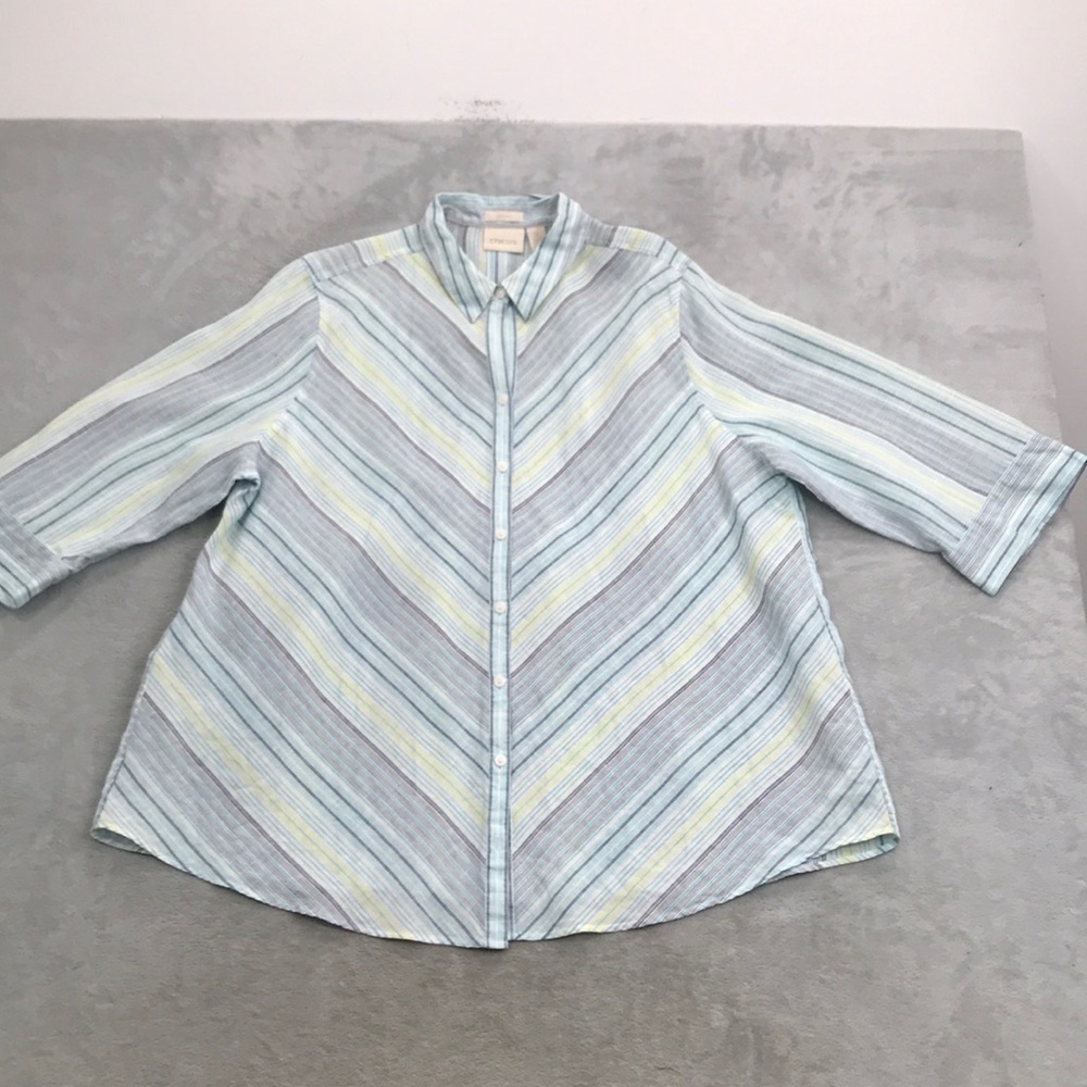 Chico's Blue & Yellow Striped 3/4 Sleeve Button Down Linen Blouse 2X